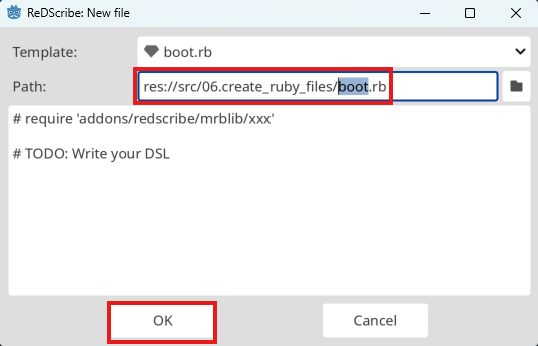 Dialog for creating a Ruby file